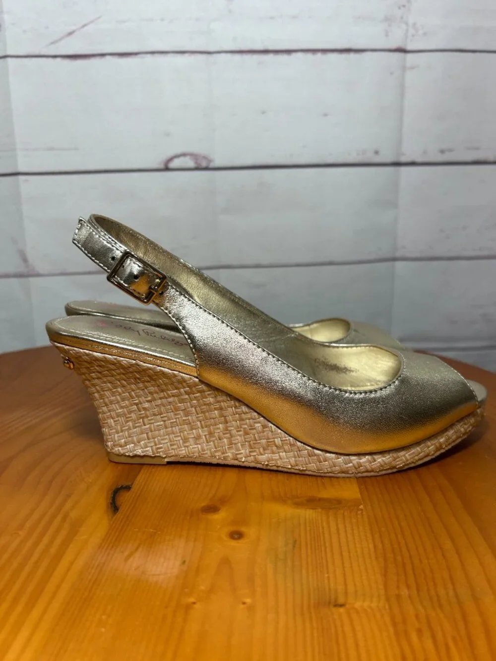 Lilly Pulitzer size 8 Wedge Sandals Gold Metallic Espadrilles Peep Toe leather